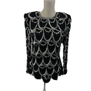 VTG Kelly’s Grace 100% Silk Beaded Blouse Size M Black Silver Beads Scalloped